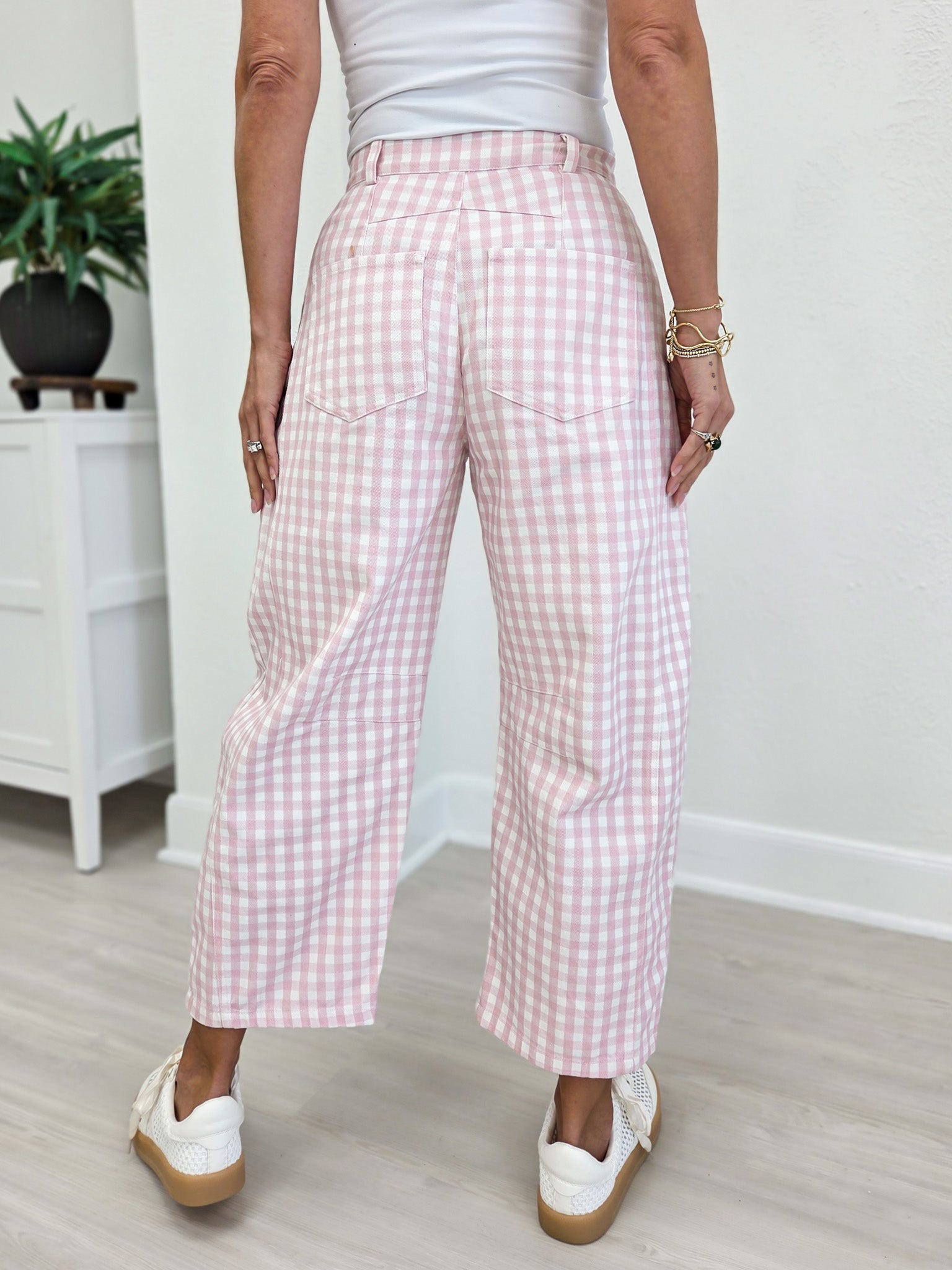 Washed Gingham Printed Twill Barrel Pants