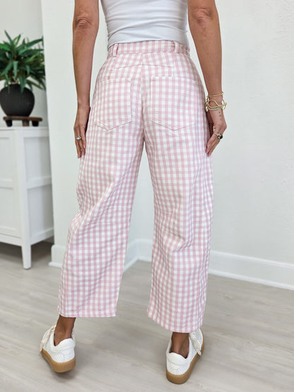 Washed Gingham Printed Twill Barrel Pants