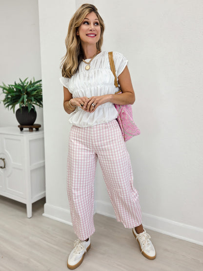 Washed Gingham Printed Twill Barrel Pants