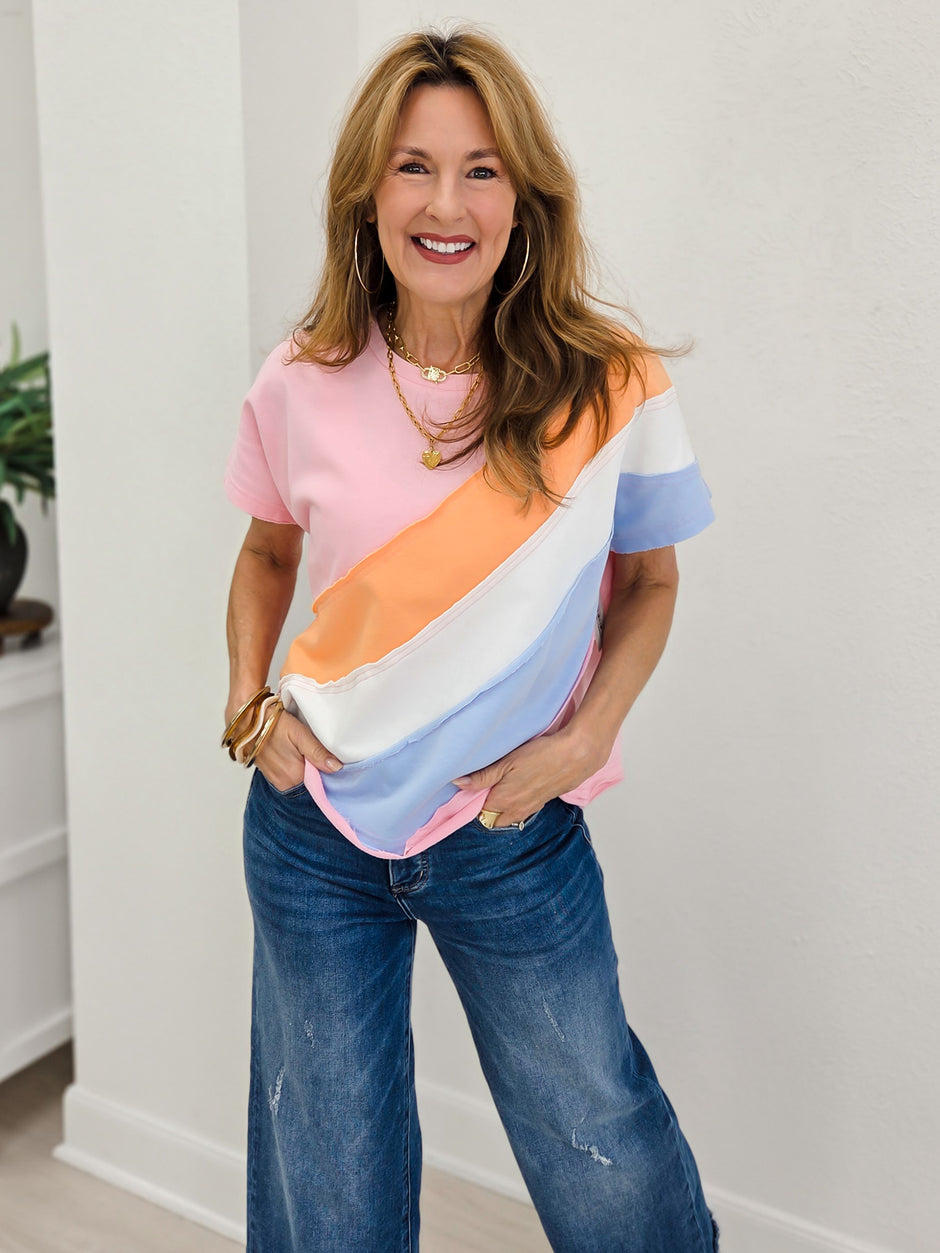 Diagonal Color Block French Terry Pullover Top