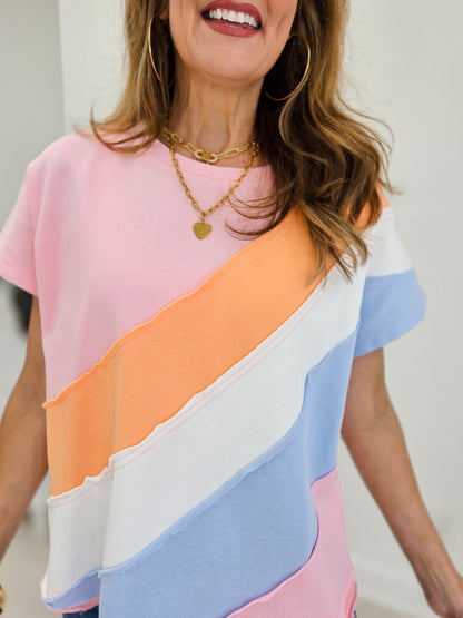 Diagonal Color Block French Terry Pullover Top