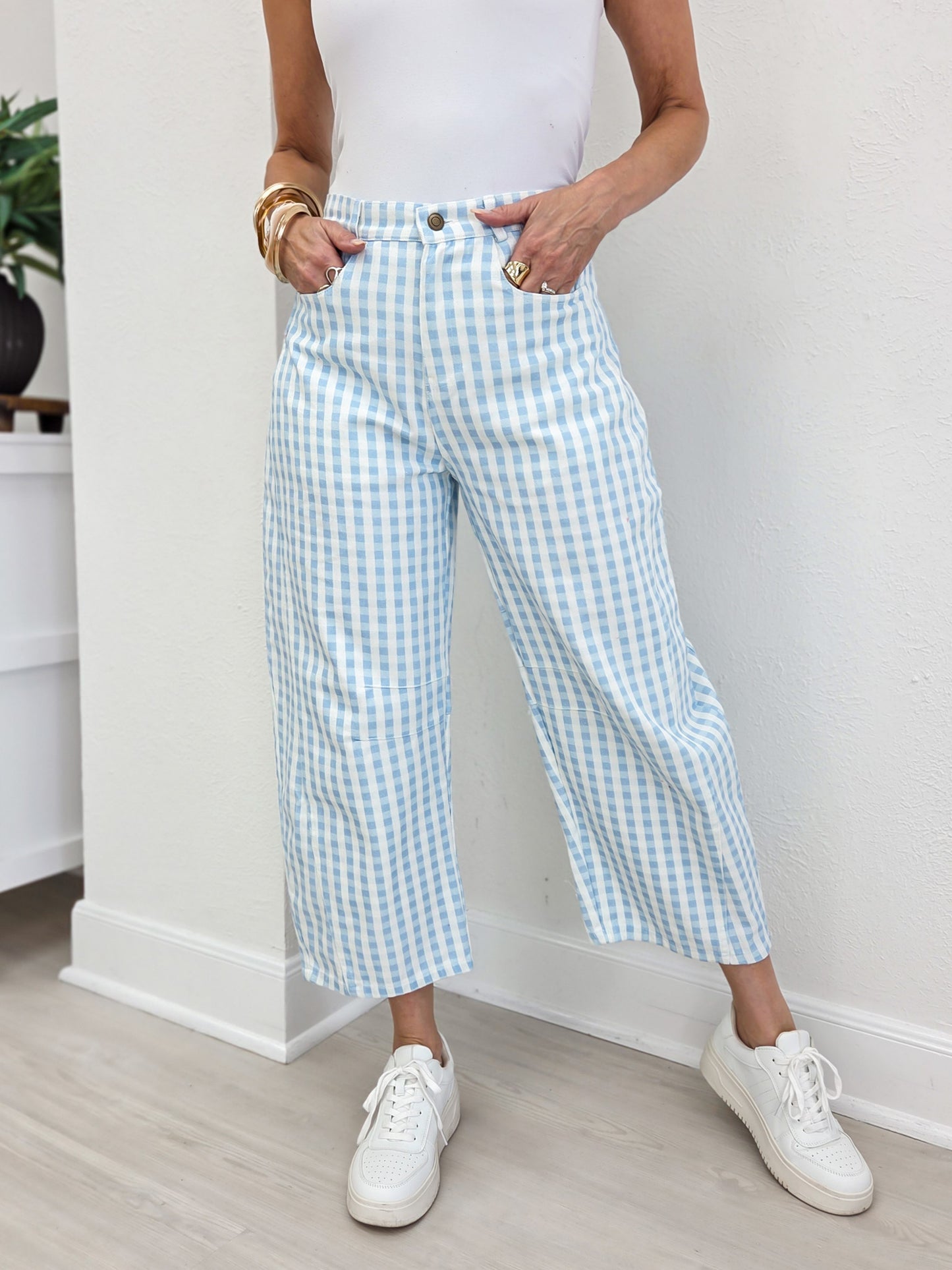 Washed Gingham Printed Twill Barrel Pants