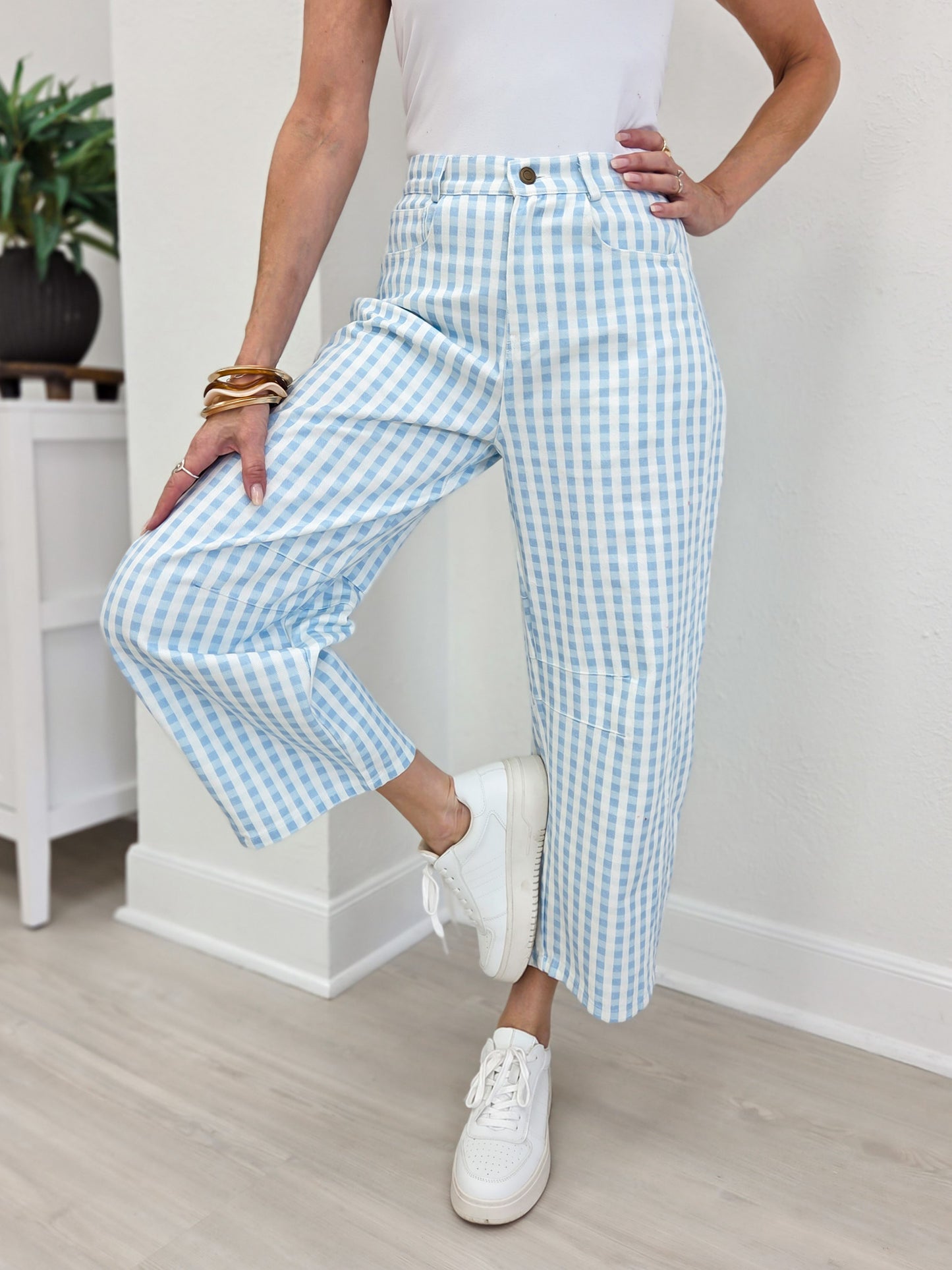 Washed Gingham Printed Twill Barrel Pants