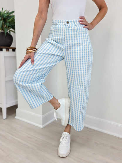Washed Gingham Printed Twill Barrel Pants