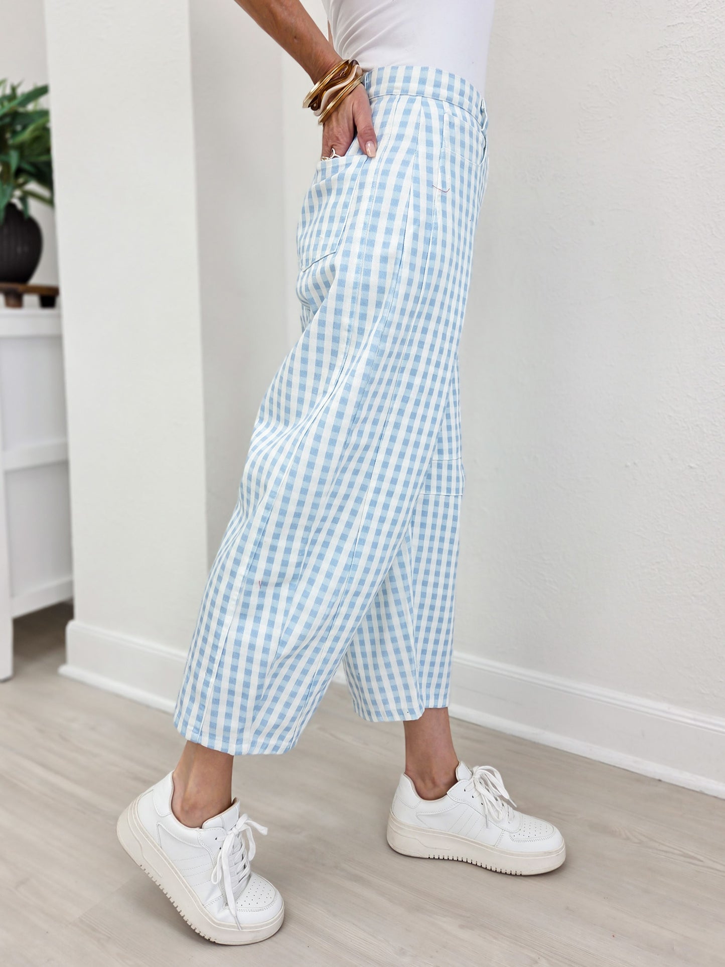 Washed Gingham Printed Twill Barrel Pants