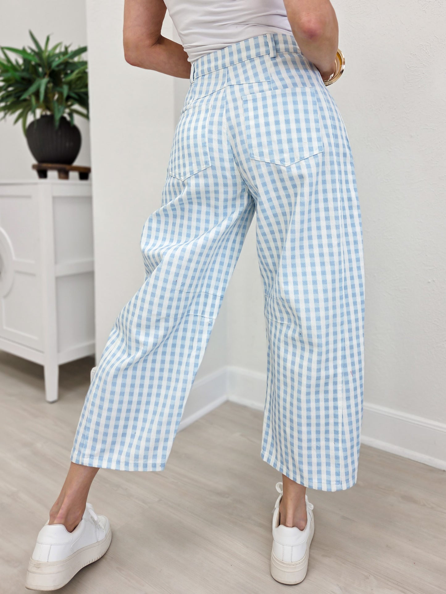 Washed Gingham Printed Twill Barrel Pants