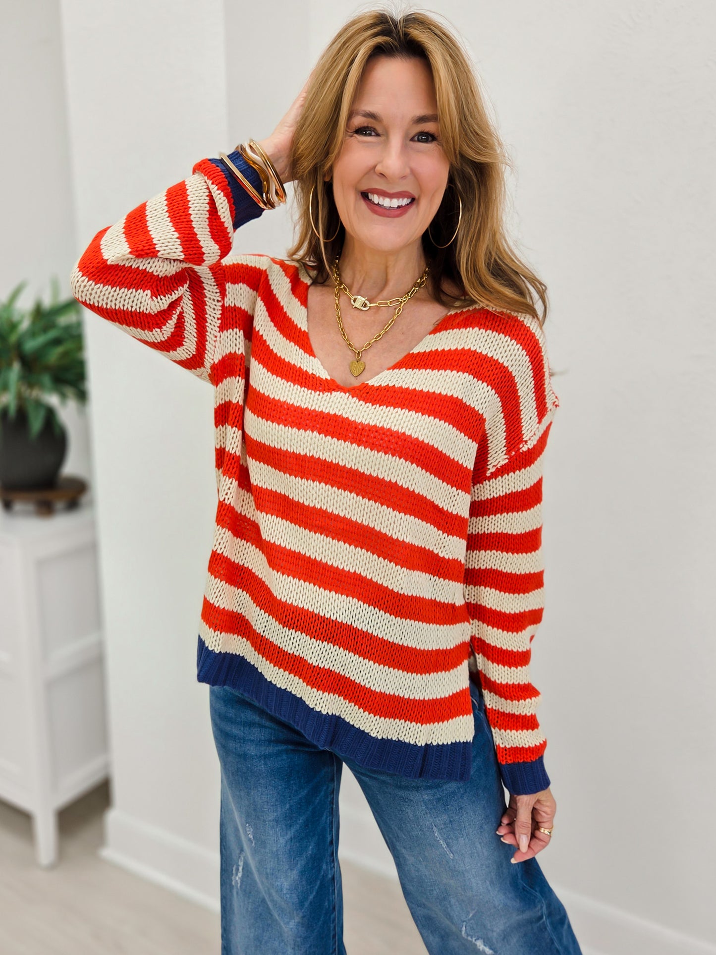 Striped Combo V Neck Loose Fit Top