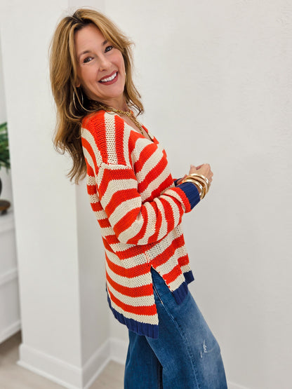 Striped Combo V Neck Loose Fit Top