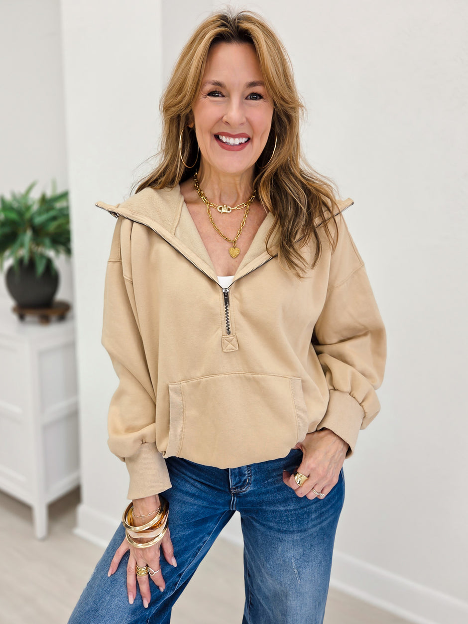 Washed Stitch Elastic Hem Half Zip Fleece Hoodie