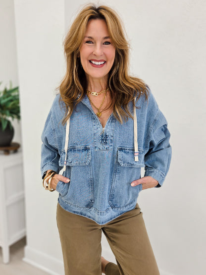 Washed Soft Half Zip Hooded Top