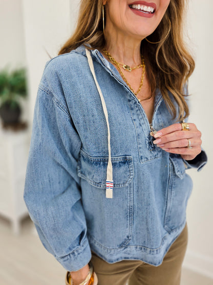 Washed Soft Half Zip Hooded Top