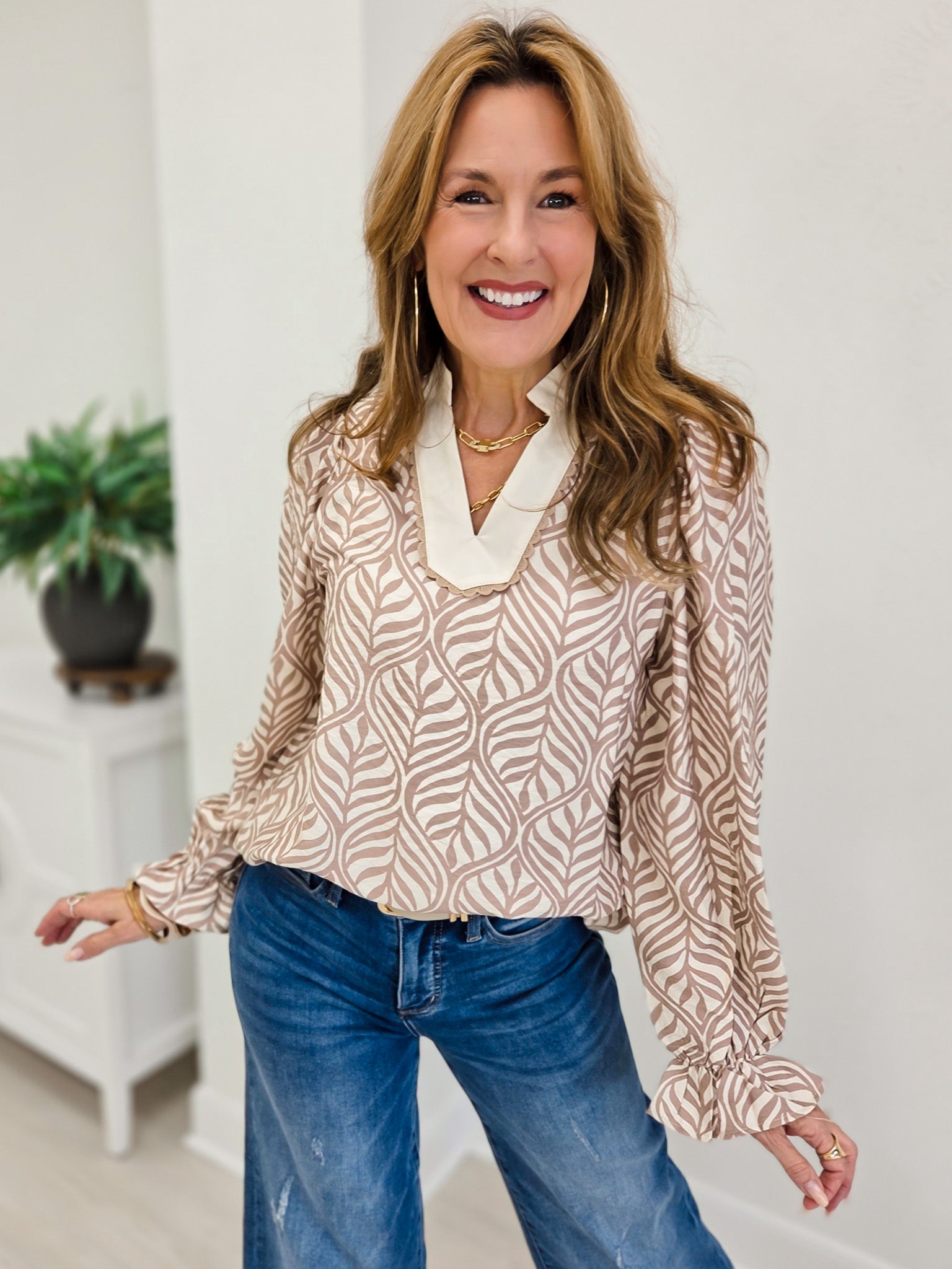 Mocha Forest Leaf Lace Botanica Puff Blouse