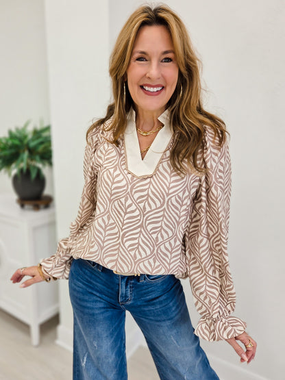 Mocha Forest Leaf Lace Botanica Puff Blouse