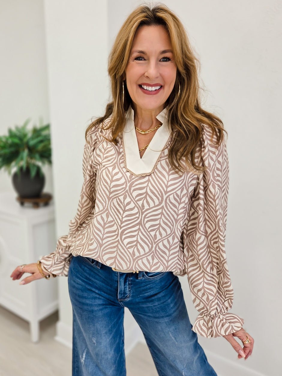 Mocha Forest Leaf Lace Botanica Puff Blouse