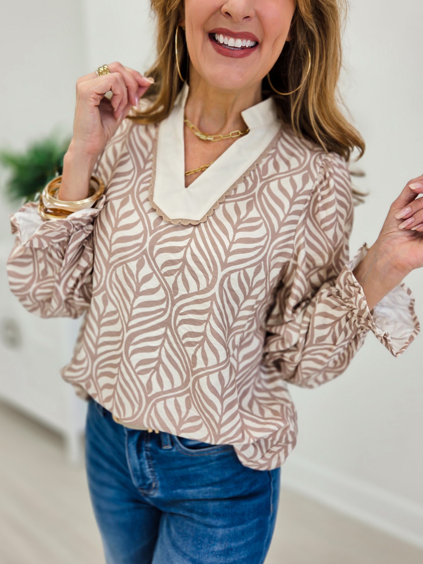 Mocha Forest Leaf Lace Botanica Puff Blouse