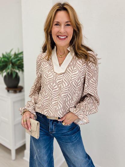 Mocha Forest Leaf Lace Botanica Puff Blouse
