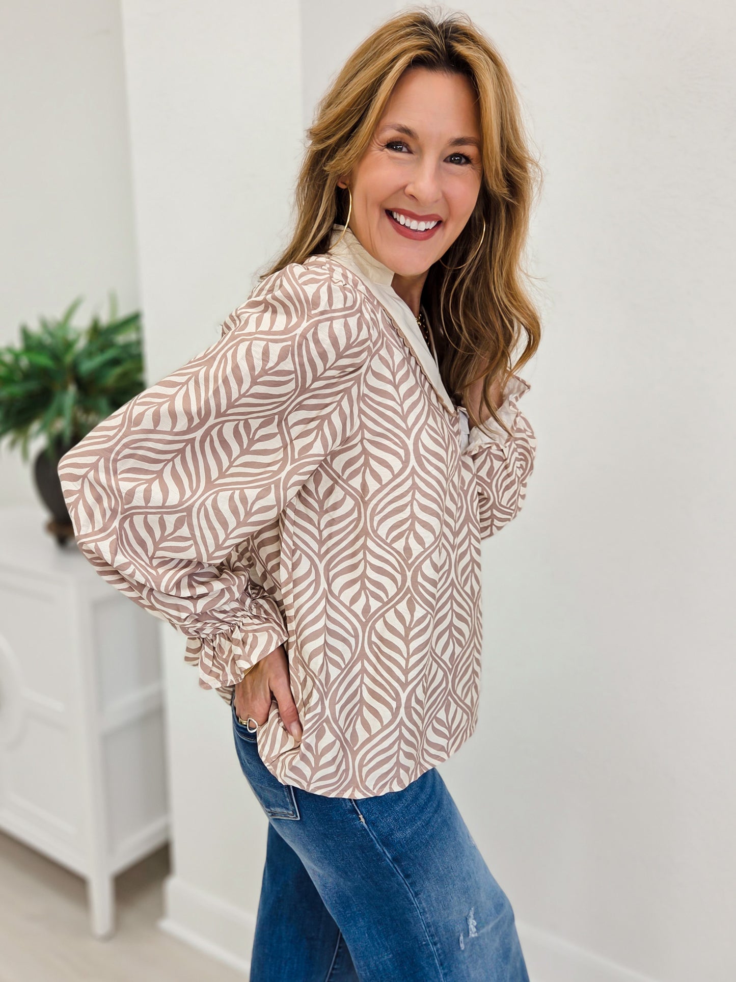 Mocha Forest Leaf Lace Botanica Puff Blouse
