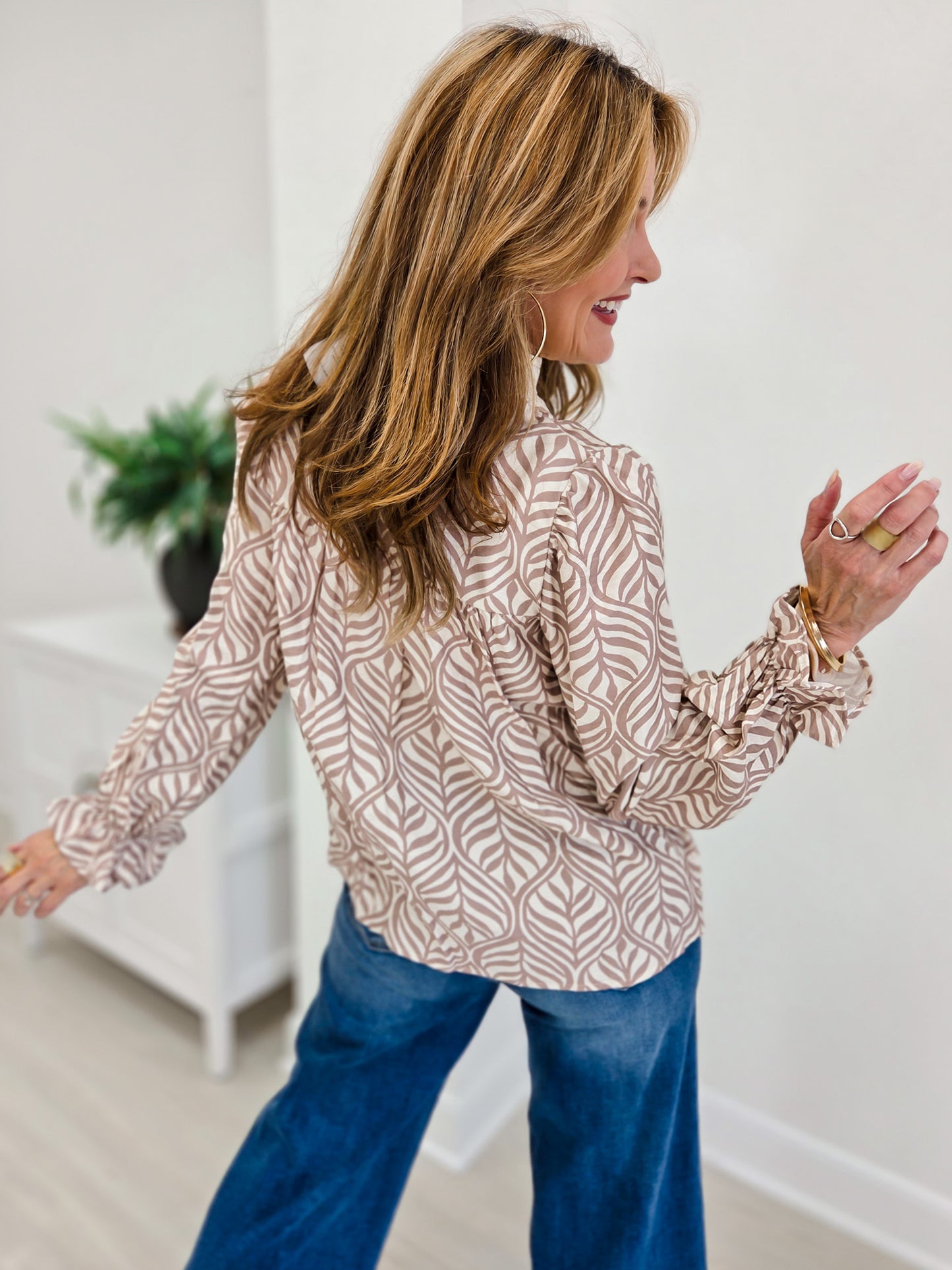 Mocha Forest Leaf Lace Botanica Puff Blouse