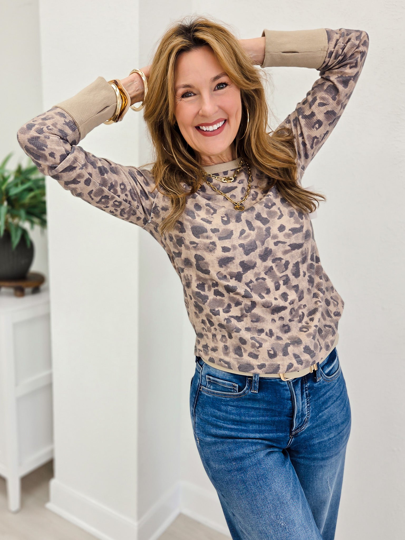 Waffle Thumb Hole Leopard Long Sleeves Top