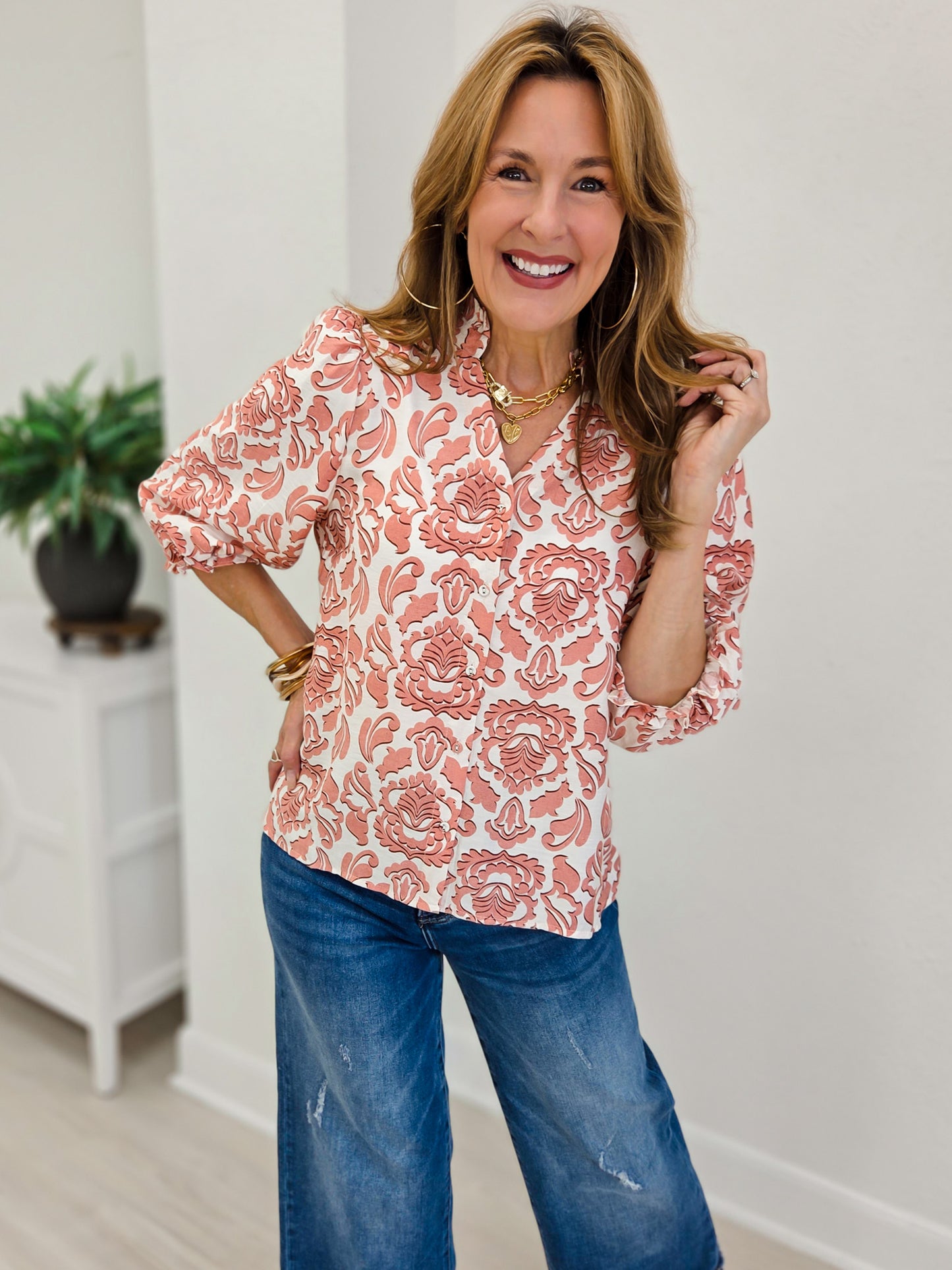 Frilled Bubble Sleeve Floral Printed Top