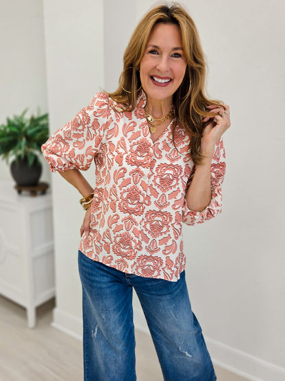Frilled Bubble Sleeve Floral Printed Top