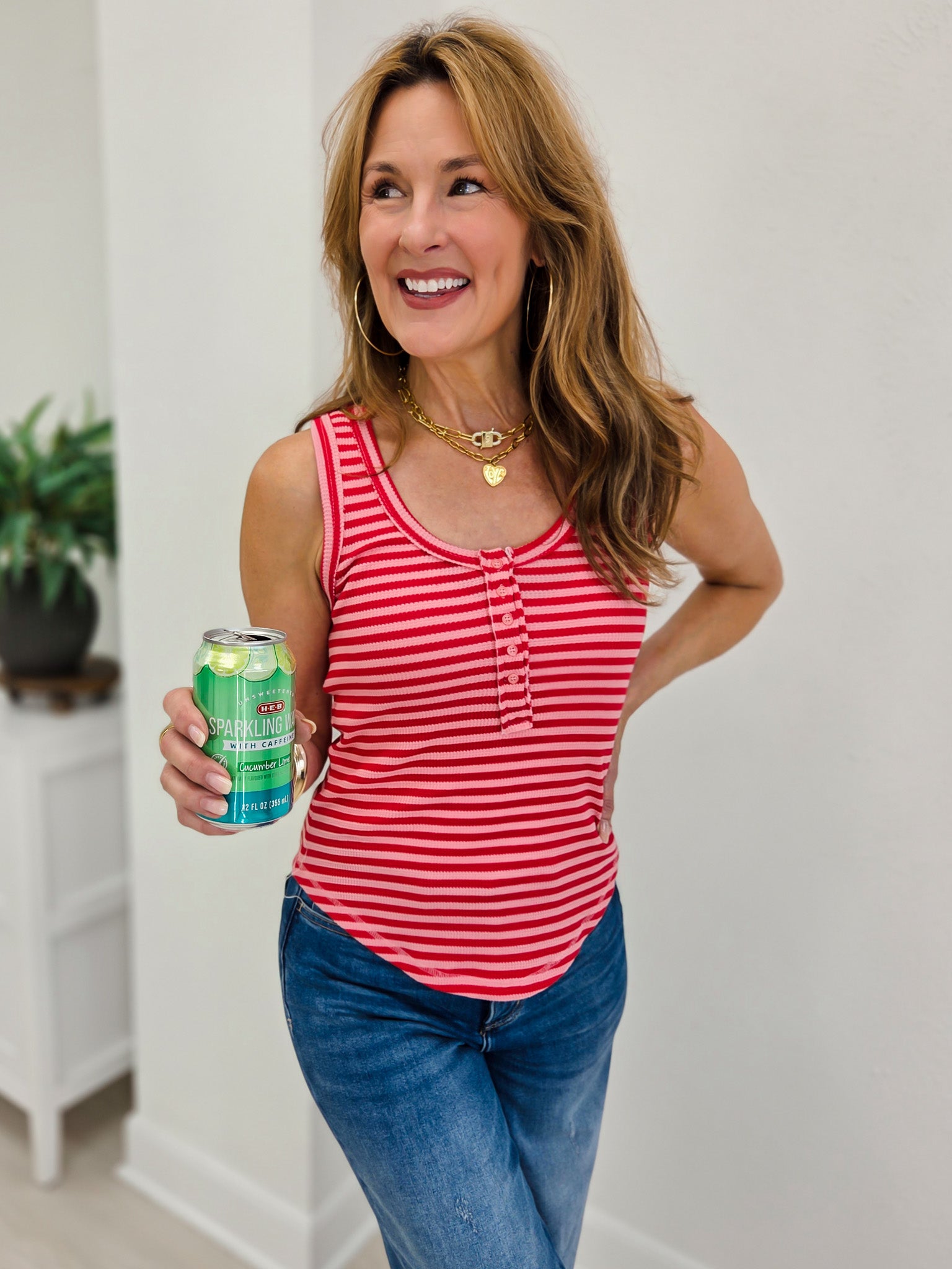 Striped Button Down Fitted Knit Tank Top