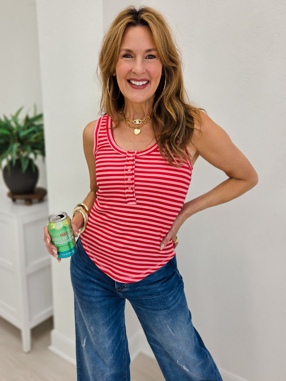 Striped Button Down Fitted Knit Tank Top