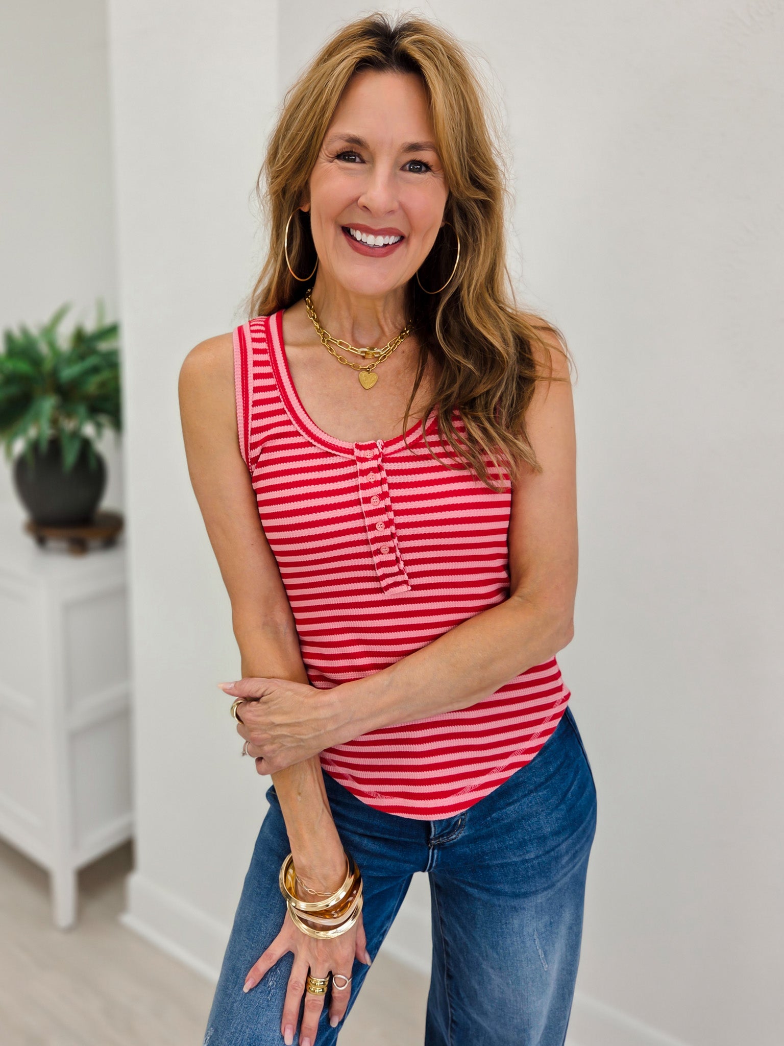 Striped Button Down Fitted Knit Tank Top