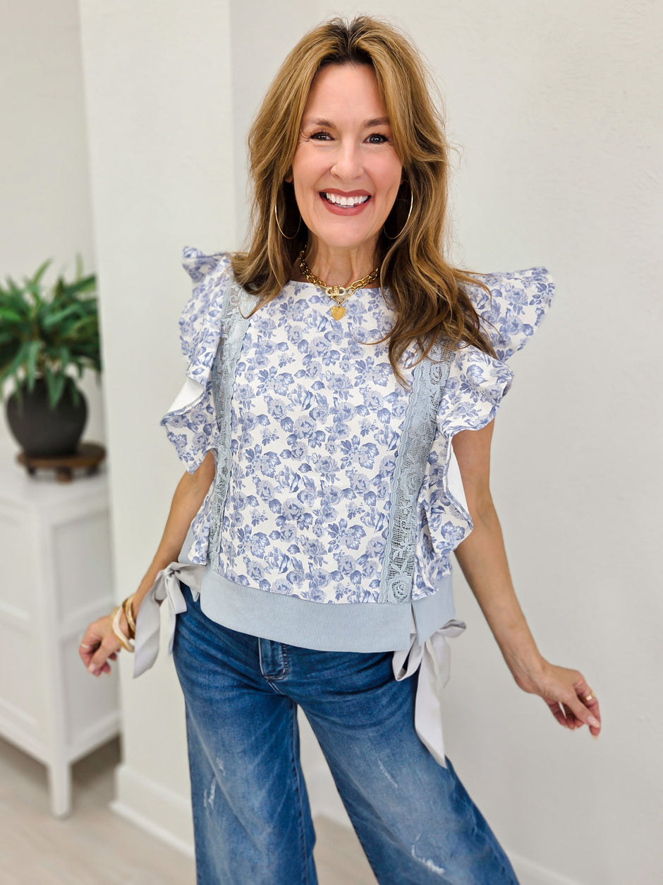 Floral Printed Twill Lace Trim Detail Side Bow Tied Top