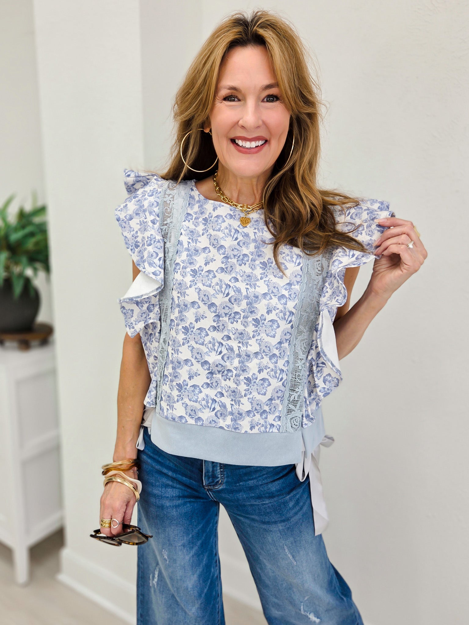 Floral Printed Twill Lace Trim Detail Side Bow Tied Top