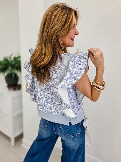 Floral Printed Twill Lace Trim Detail Side Bow Tied Top