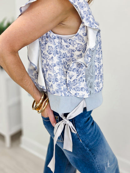 Floral Printed Twill Lace Trim Detail Side Bow Tied Top