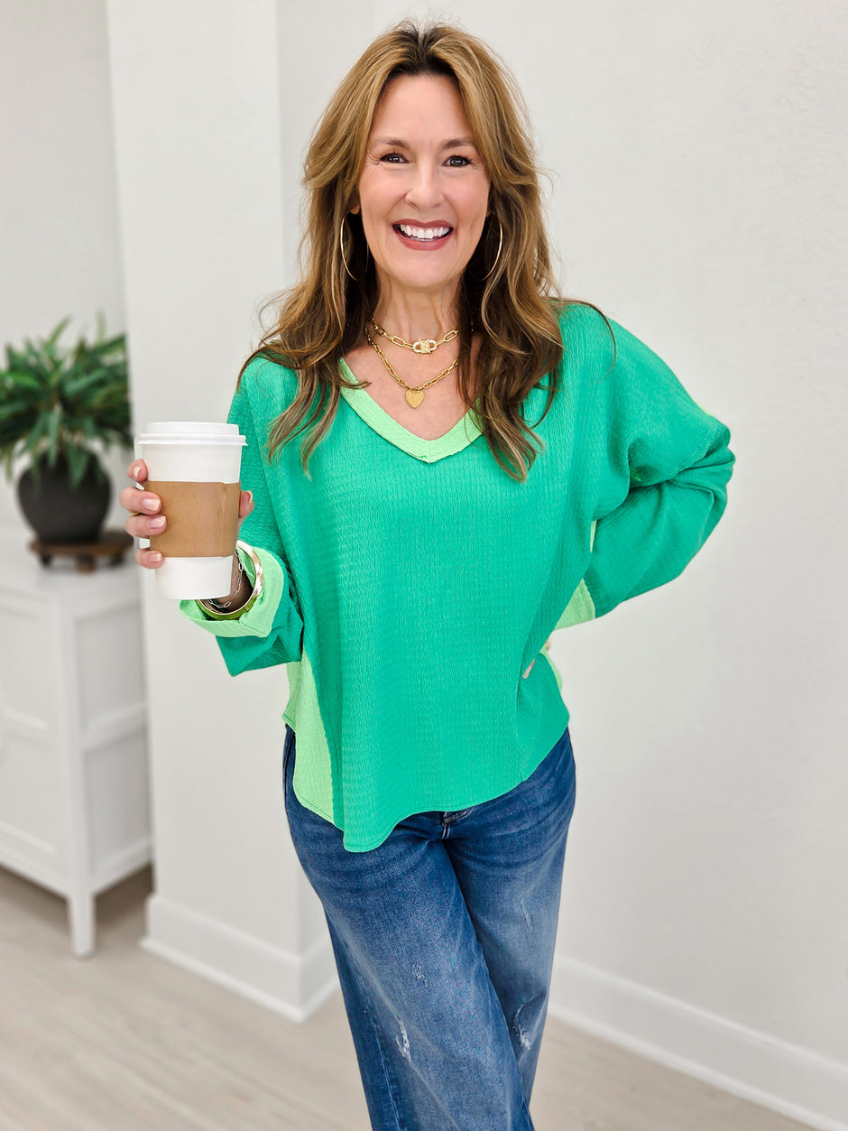 Textured Jersey Color Block Top With Cut Edge