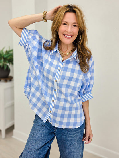 Romantic Gingham Check Pattern Elegant Blouse