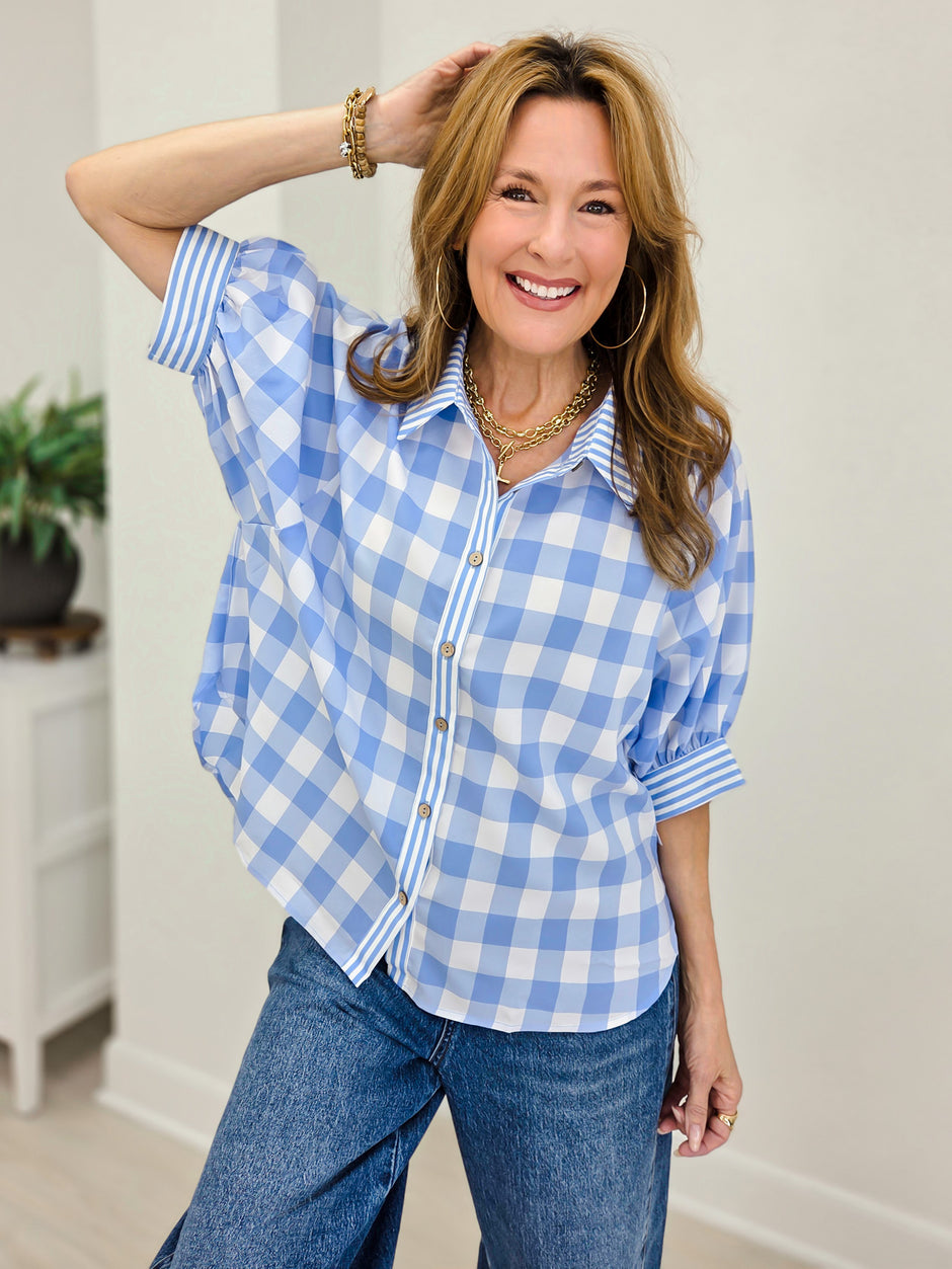 Romantic Gingham Check Pattern Elegant Blouse