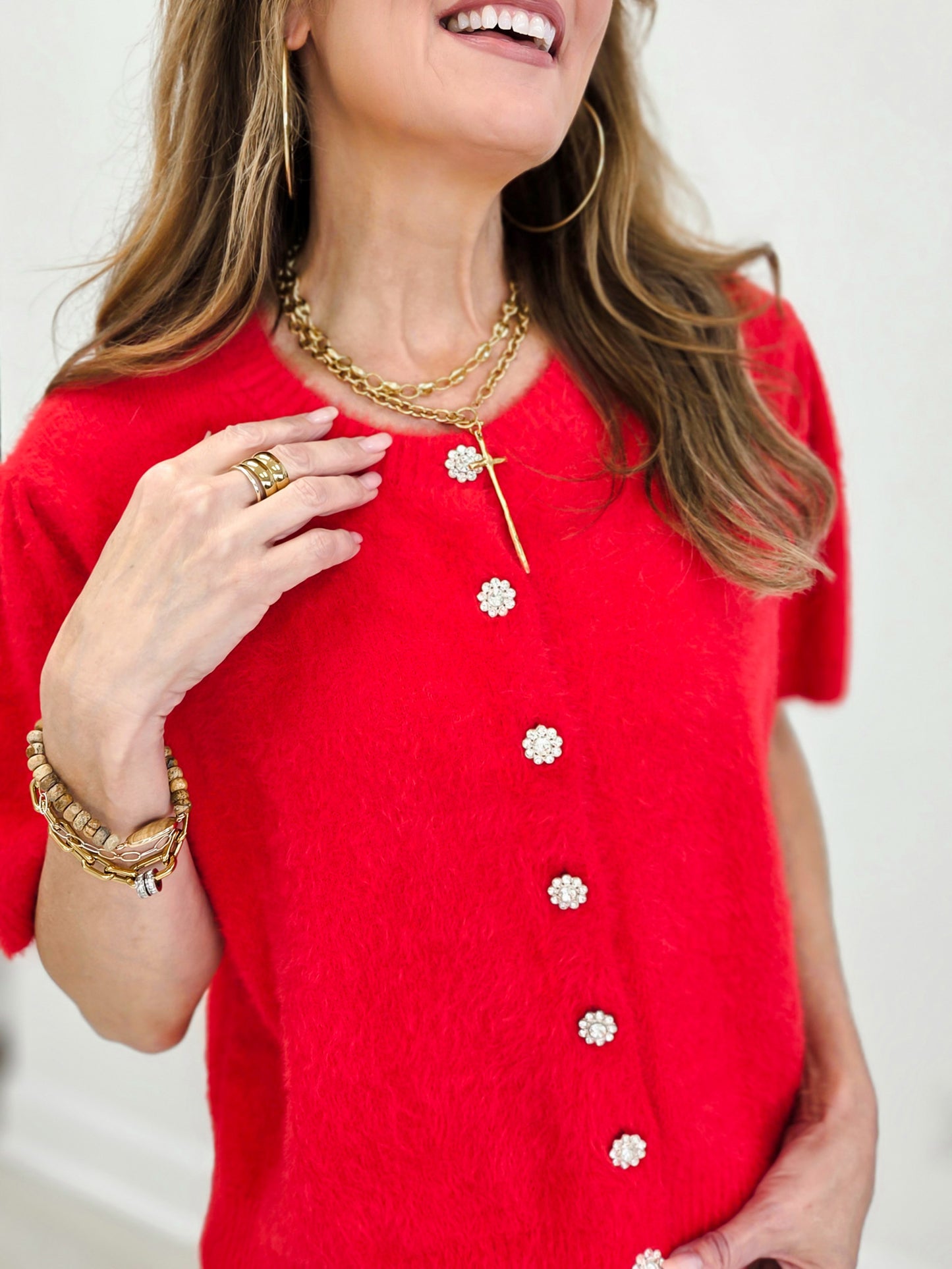 Luxe Soft Cardigan With Cubic Flower Buttons