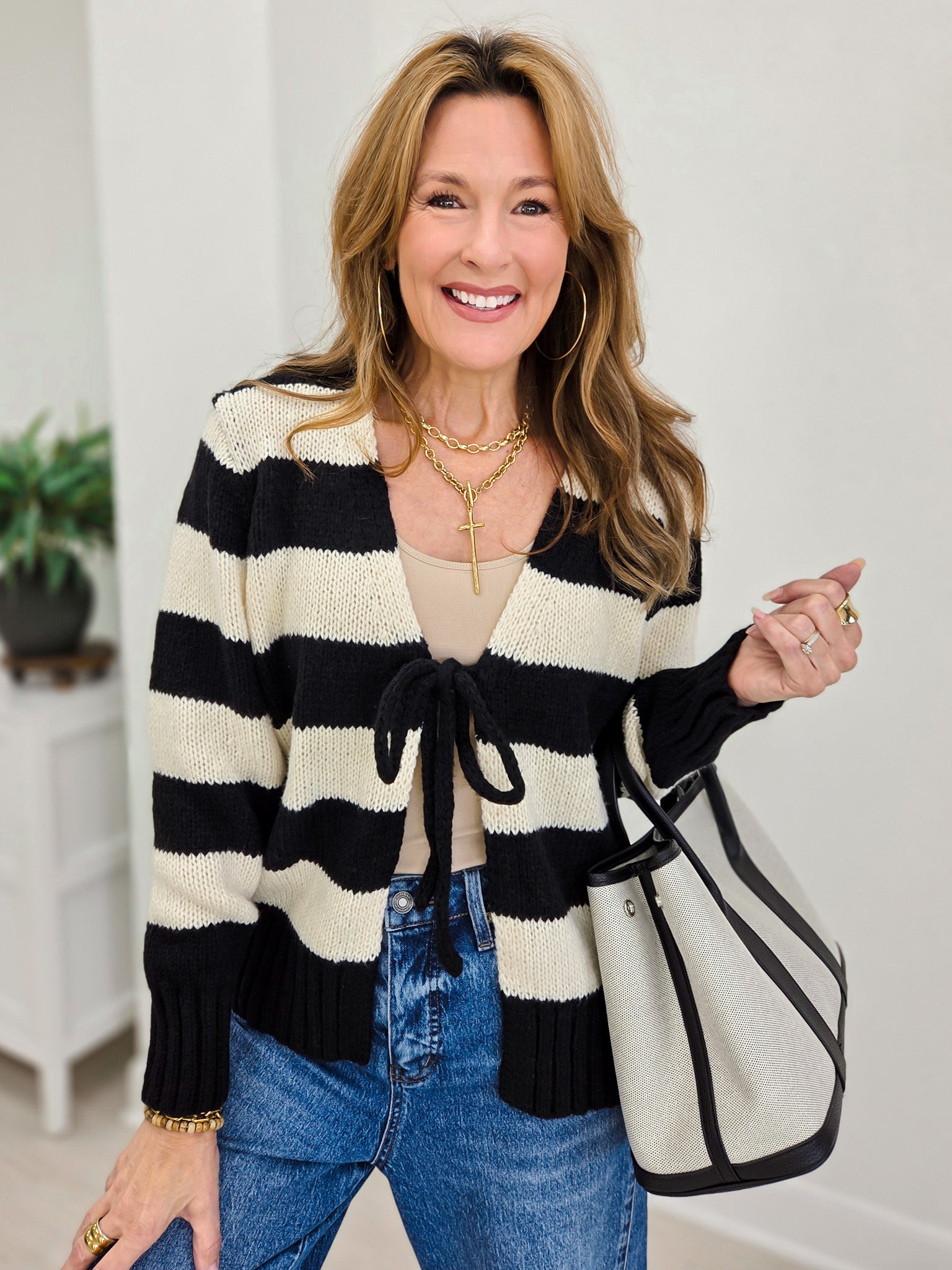 Large Front Tie Stripe Cardigan With Long Sleeves