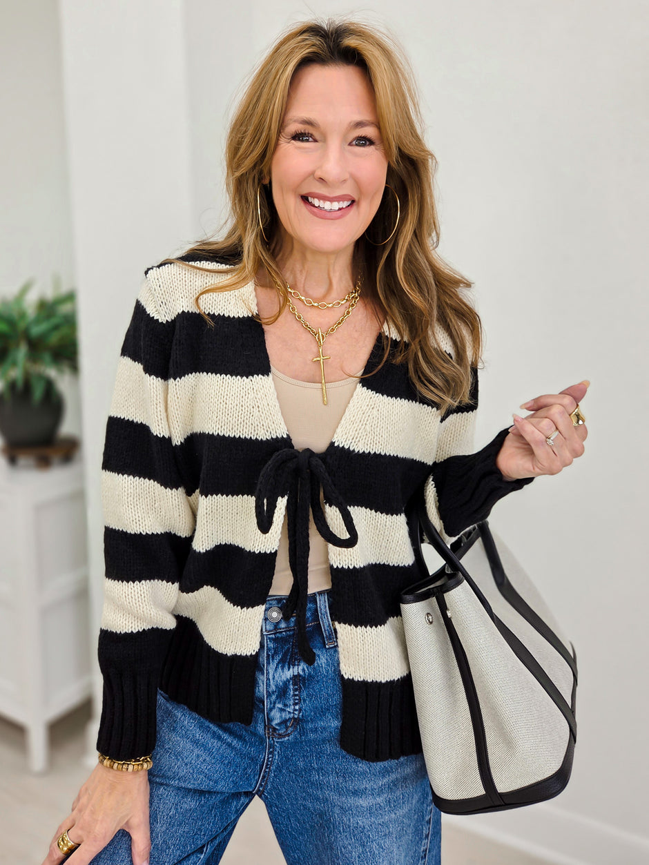 Large Front Tie Stripe Cardigan With Long Sleeves
