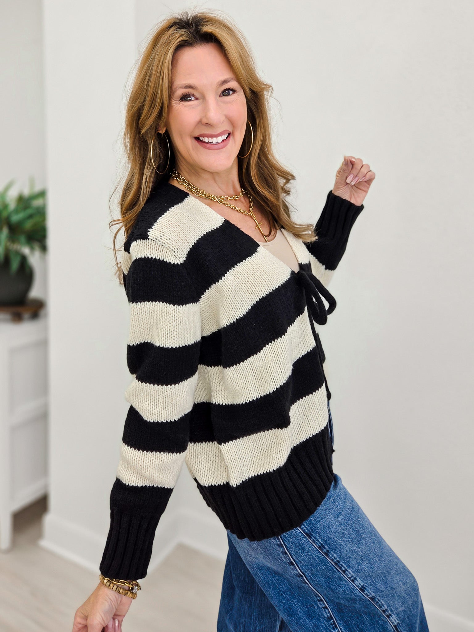 Large Front Tie Stripe Cardigan With Long Sleeves