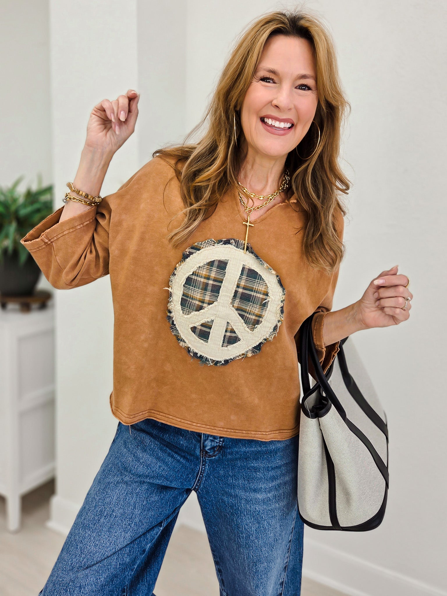 Mineral Washed Peace Mark Patch Knit Top