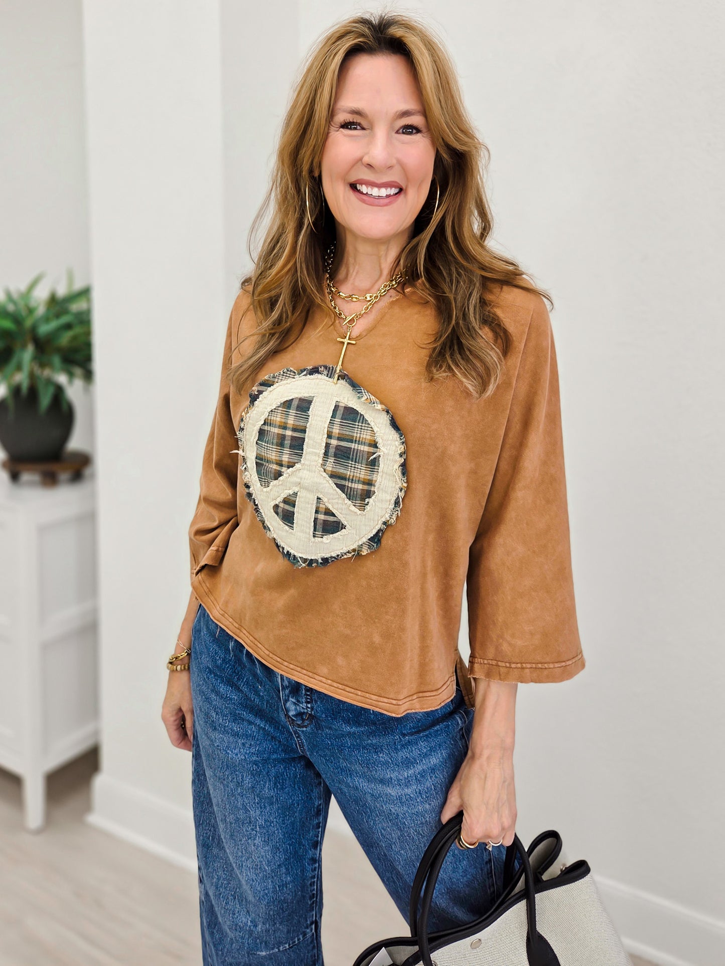 Mineral Washed Peace Mark Patch Knit Top