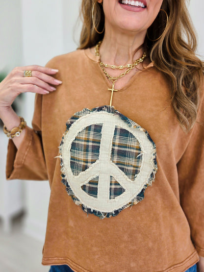 Mineral Washed Peace Mark Patch Knit Top