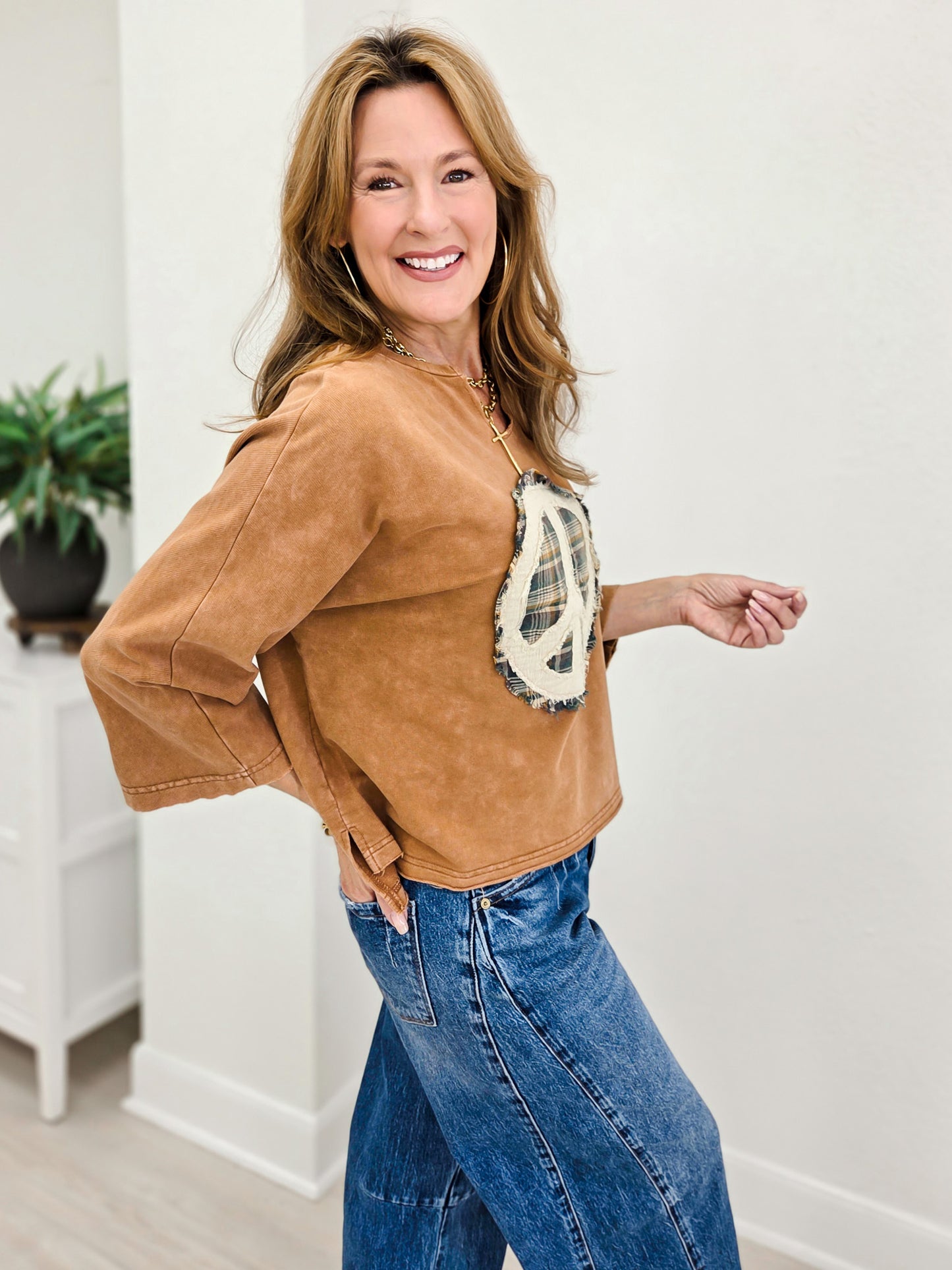 Mineral Washed Peace Mark Patch Knit Top