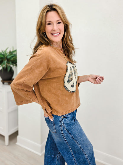 Mineral Washed Peace Mark Patch Knit Top