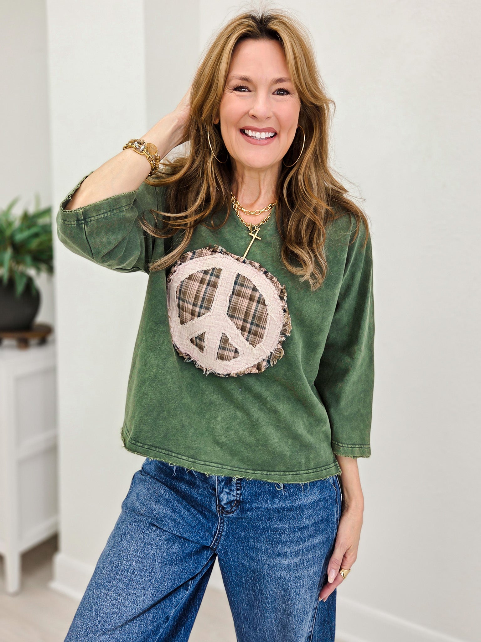 Mineral Washed Peace Mark Patch Knit Top
