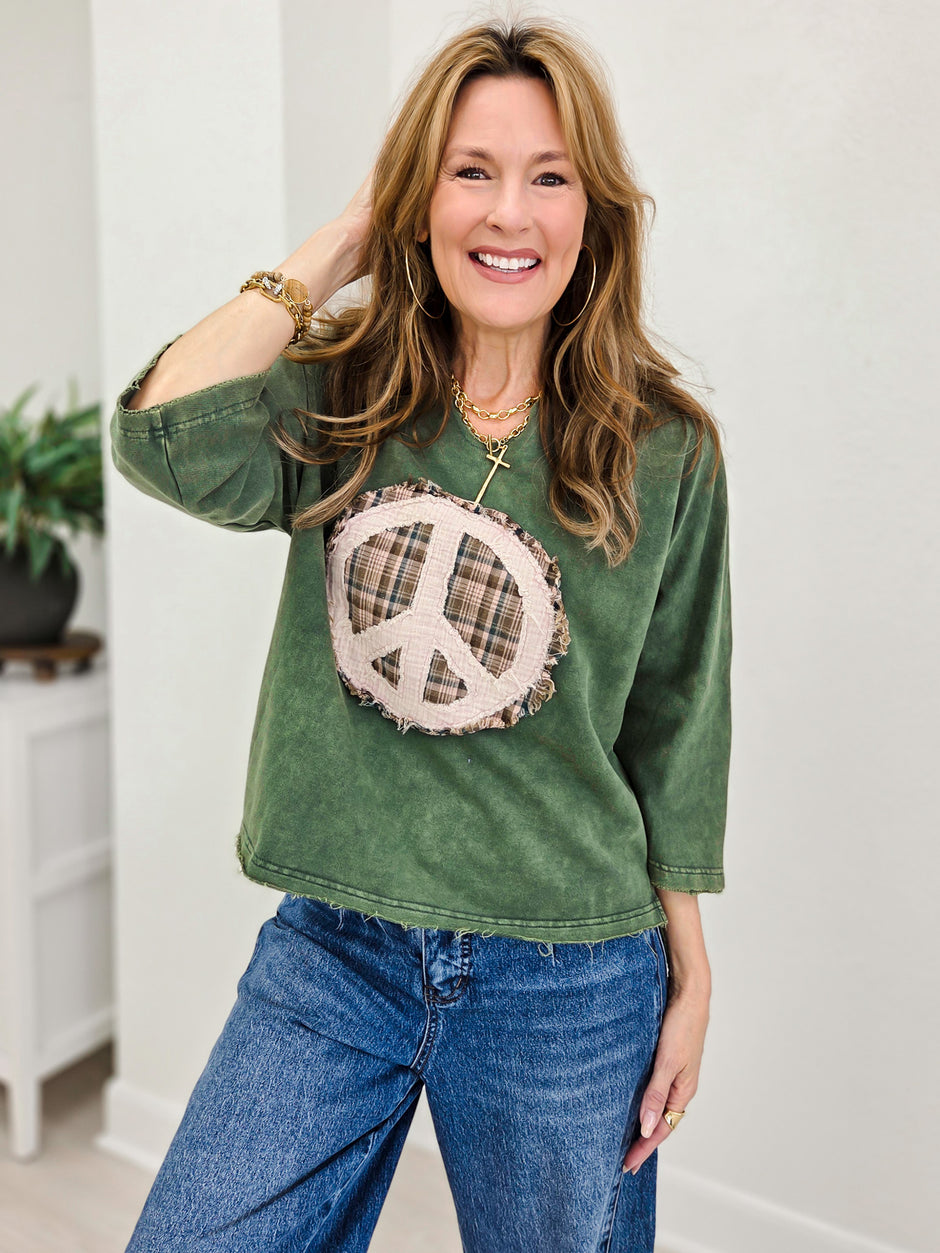 Mineral Washed Peace Mark Patch Knit Top