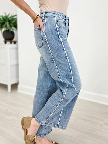 Side Piping Wide-leg Cropped Jeans - Light Denim