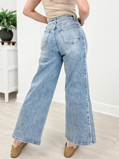 Side Piping Wide-leg Cropped Jeans - Light Denim