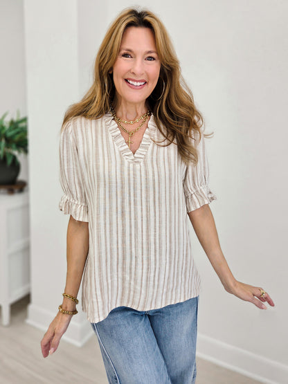 Frilled V Neck Striped Top