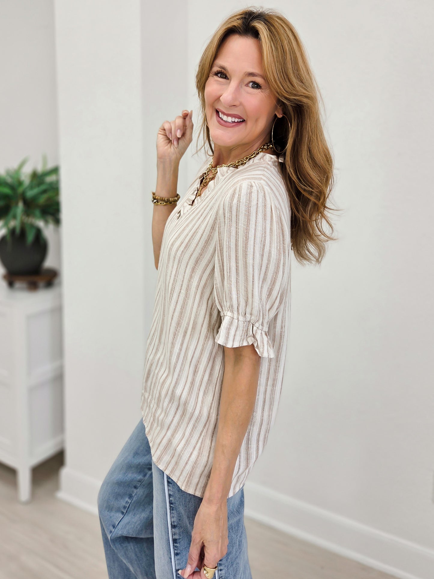 Frilled V Neck Striped Top